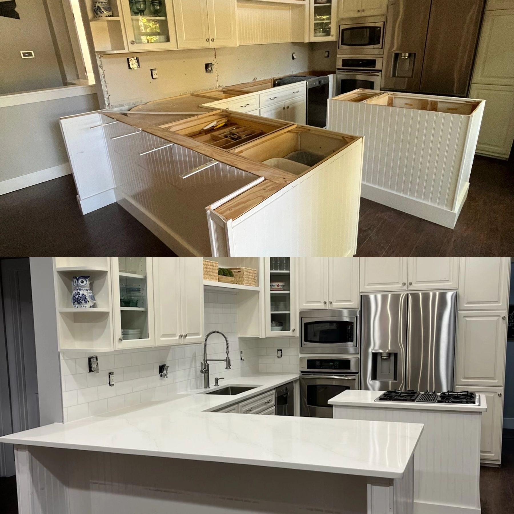 Before and after: existing cream cabinets with new white quartz counters and subway tile backsplash