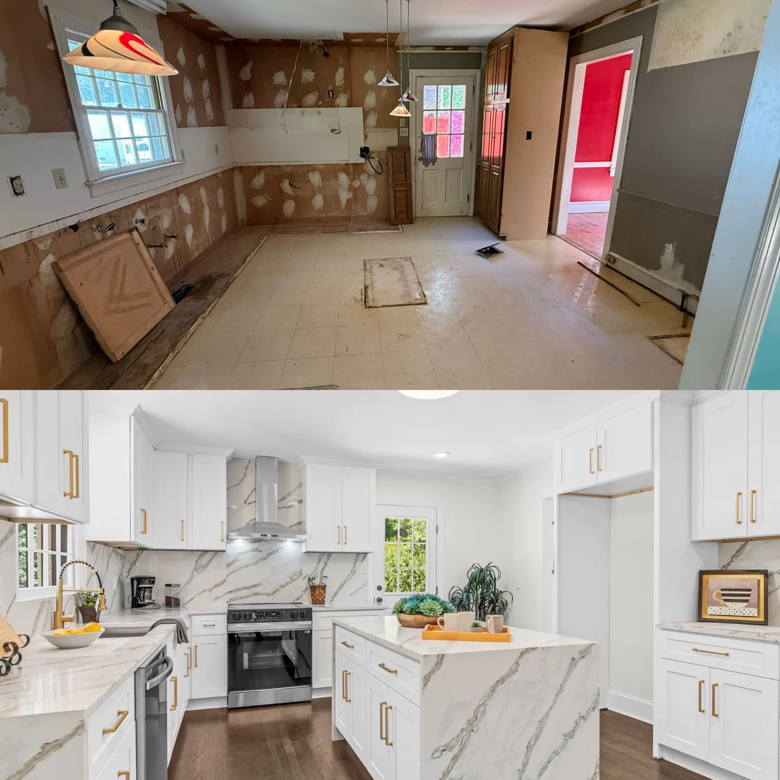 Before and after: room gutted to the studs and rebuilt as a finished white kitchen
