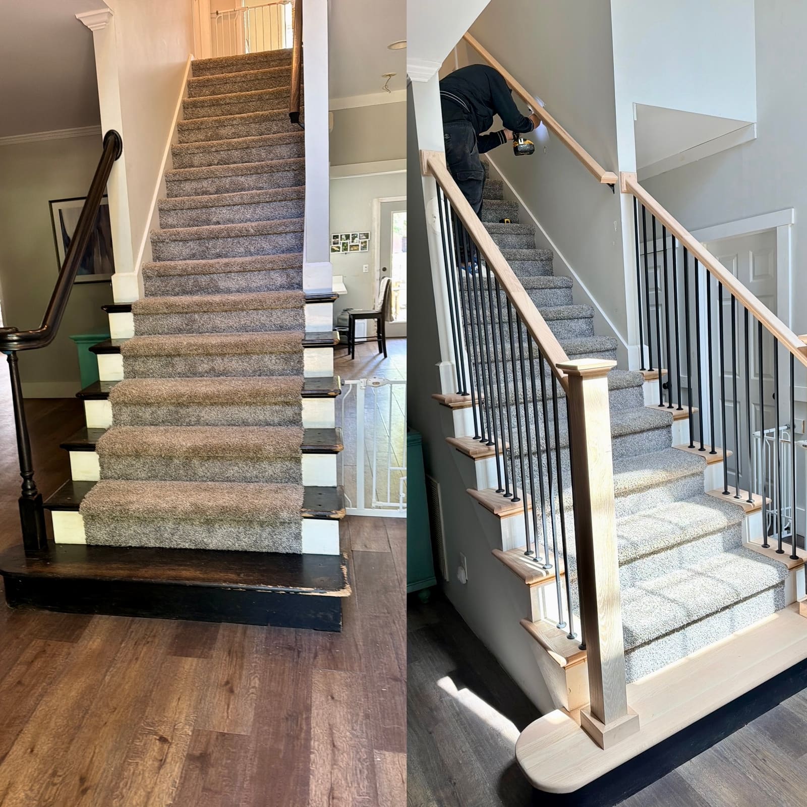 Before and after: dated staircase rebuilt with oak handrail and iron balusters