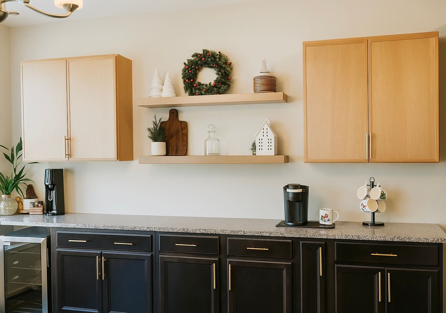 Two-tone kitchen with black lower cabinets, quartz counters, and floating wood shelves